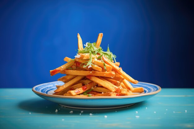 Foto una pila di patatine fritte su un piatto blu