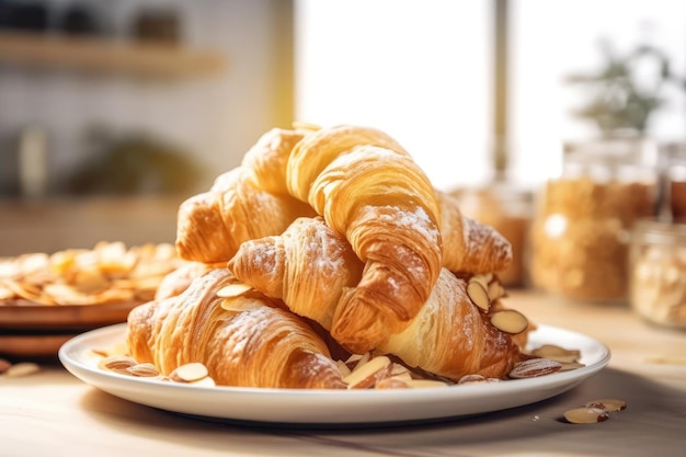 A stack of croissants on a plate with almonds on top.