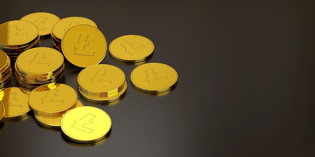 Stack of crypto currencies litecoin with copy space.