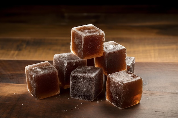 A stack of cubes of fudge on a wooden board