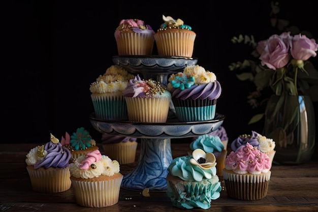 Stack of cupcakes with each one having unique design and flavor created with generative ai