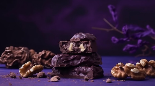 A stack of dark broken chocolate and walnuts on a color studio background