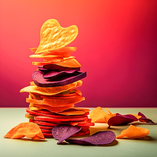 A stack of dehydrated dried organic vegetable chips From carrots and potatoes and beets Generative AI