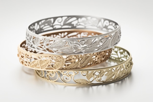 stack of delicate and intricate bracetes on white background created with generative ai