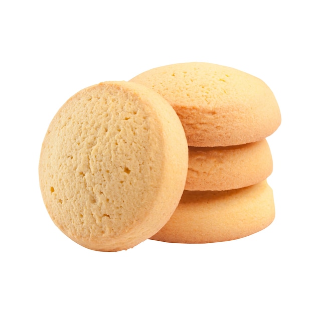 Stack of delicious crispy round butter cookies isolated on white background. Popular sweet pastries