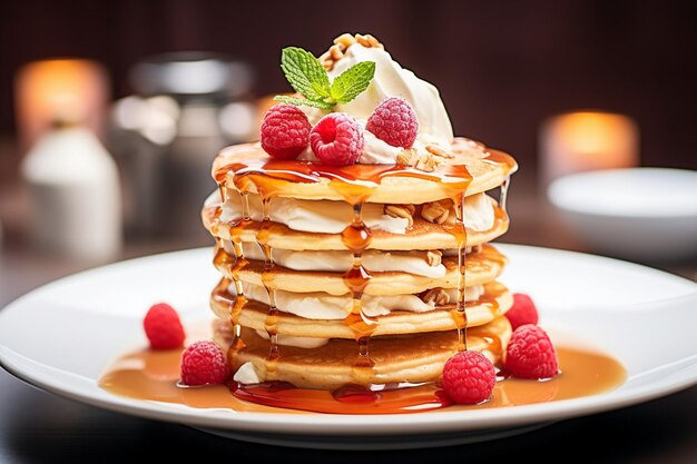 ハゼルナッツとアイスクリームを添えた美味しいふわふわアメリカンパンケーキの積み重ね