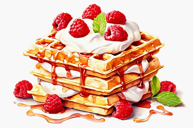 Photo stack of delicious waffles with whipped cream honey and raspberry on white background