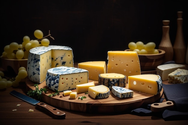 A stack of delicious yellow cheese on wooden table and wood background