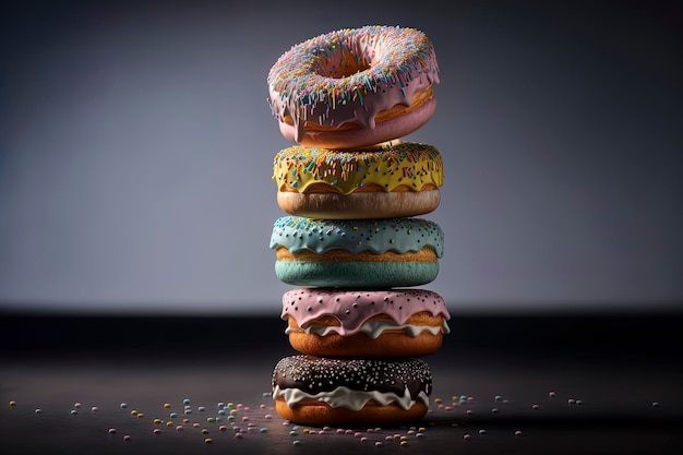 A stack of delicous donuts in front of a plain background that has been splashed with icing