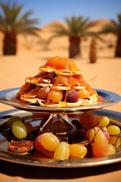 a stack of desserts with grapes and nuts on top of them