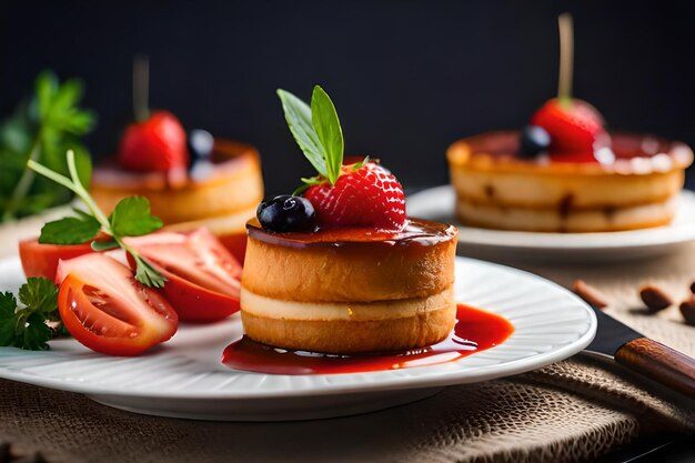 A stack of desserts with strawberries and a strawberry on top