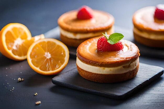 A stack of desserts with a strawberry on the top