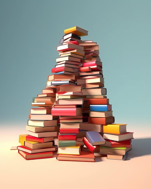 A stack of different books by size and color on a blue background