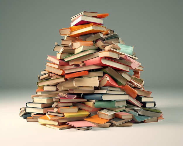 A stack of different books by size and color on a gray background