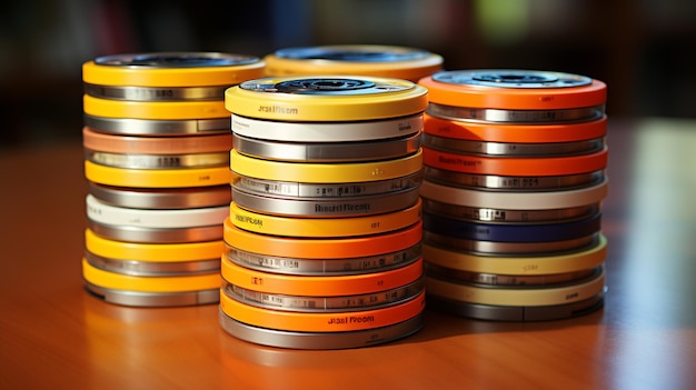 A stack of discs with a yellow band on the bottom