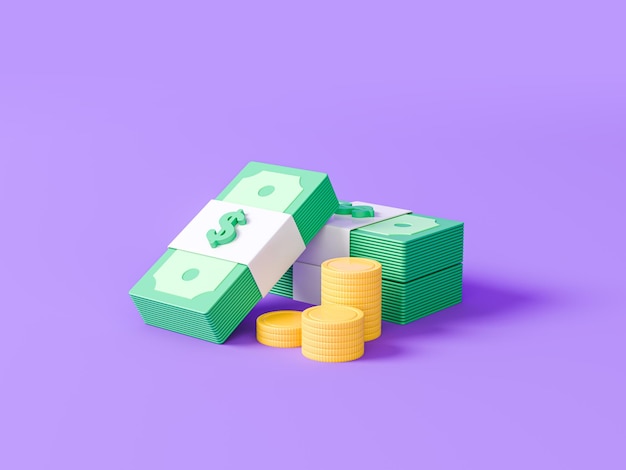 A stack dollar bills with a golden coins on a purple pastel background 3d render