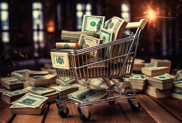 Stack of dollars rotating in trolley from supermarket