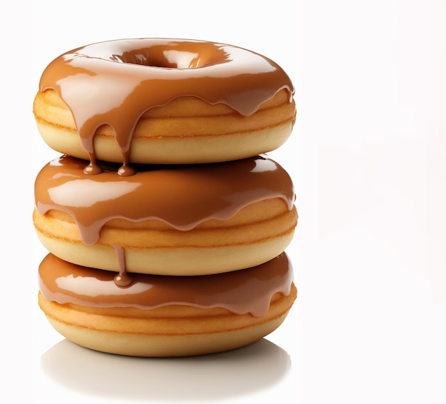 A stack of donuts with caramel icing and caramel icing.