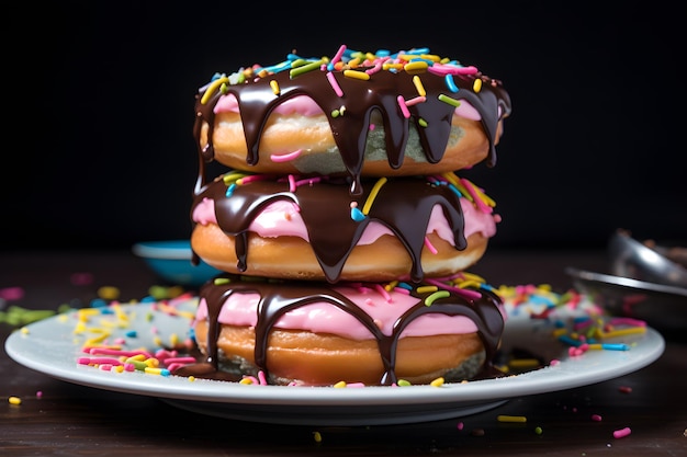 a stack of donuts with chocolate icing and sprinkles on top of them