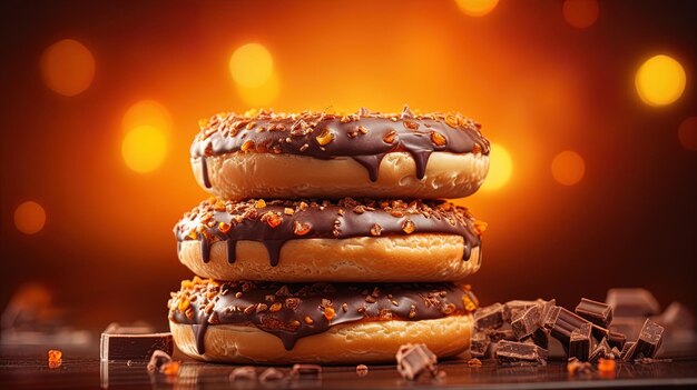 a stack of donuts with chocolate syrup on top.