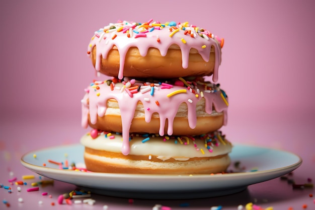 a stack of donuts with frosting and sprinkles on top