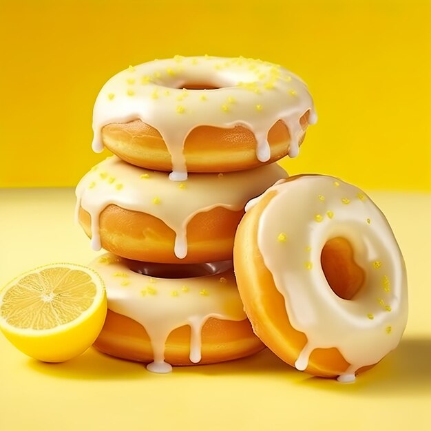 A stack of donuts with icing and a lemon on the top.