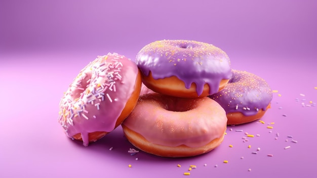 보라색 아이싱과 보라색 아이싱이 위에 있는 도넛 스택.