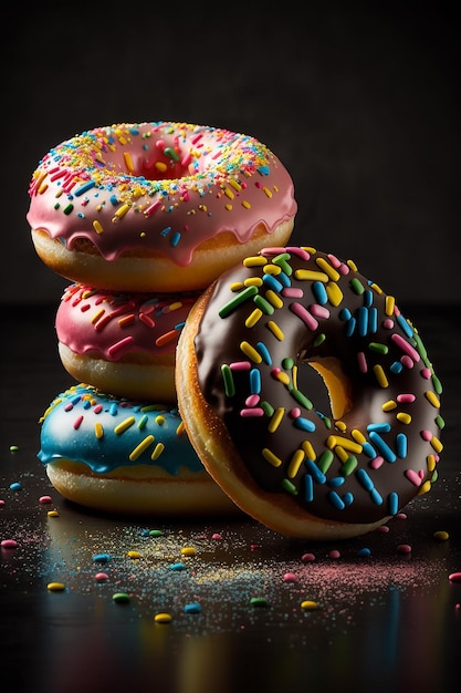 A stack of donuts with sprinkles on top of them.