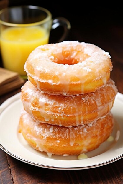 a stack of doughnuts on a plate with a yellow candle behind them