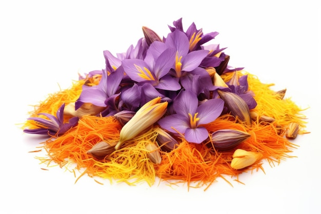 Stack of dried saffron and crocus flowers on white backdrop