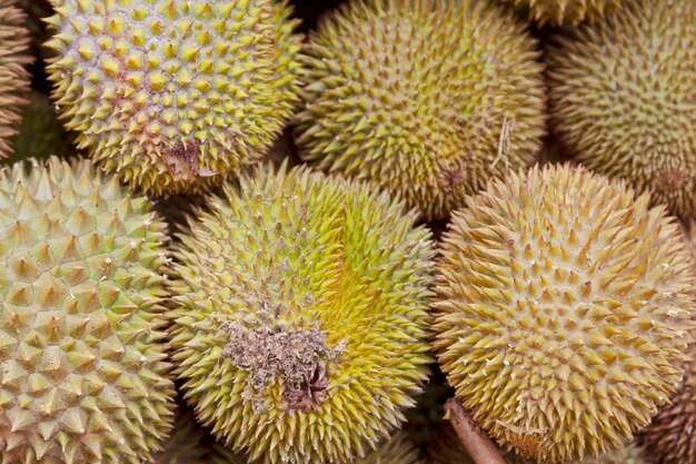 Stack of durians on a market stall