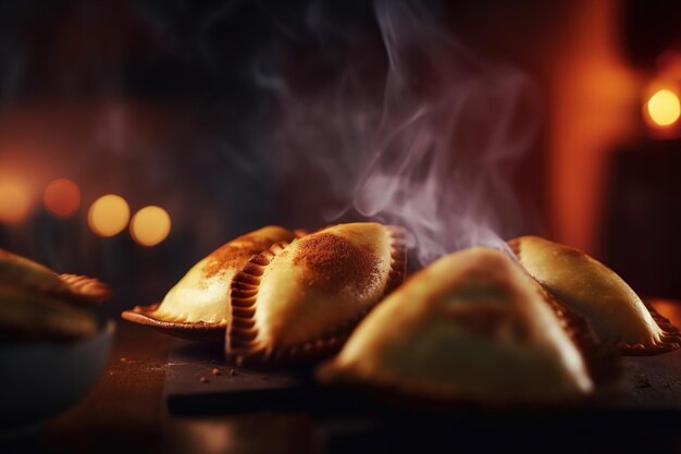 A stack of empanadas with a fire in the background