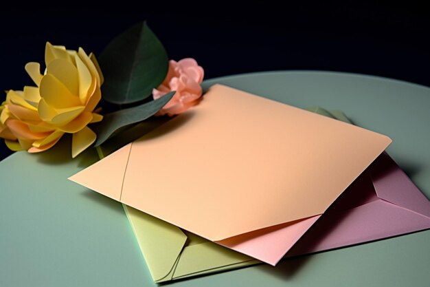 A stack of envelopes with a pink flower on top of it.