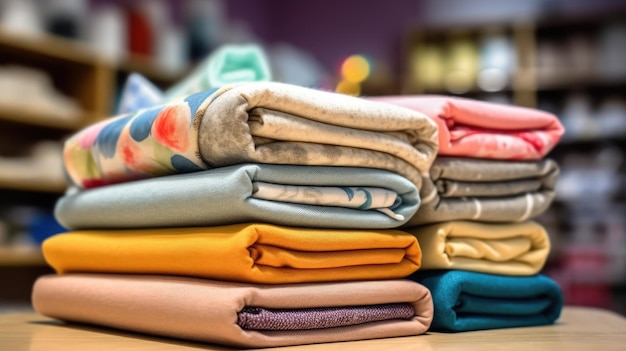 Stack of fabrics for quilting nice pastel colors light and modern fabric shop on the background