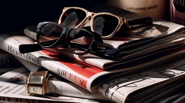 Stack of fashion magazines with sunglasses and lipstick AI generated
