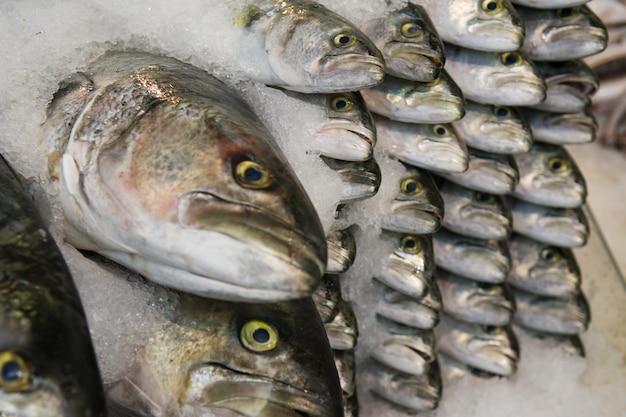 市場のスタンドで売る氷付きの魚の積み重ね
