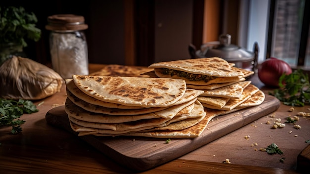 Stack of flat bread on a wooden cutting board with a tea kettle in the background.