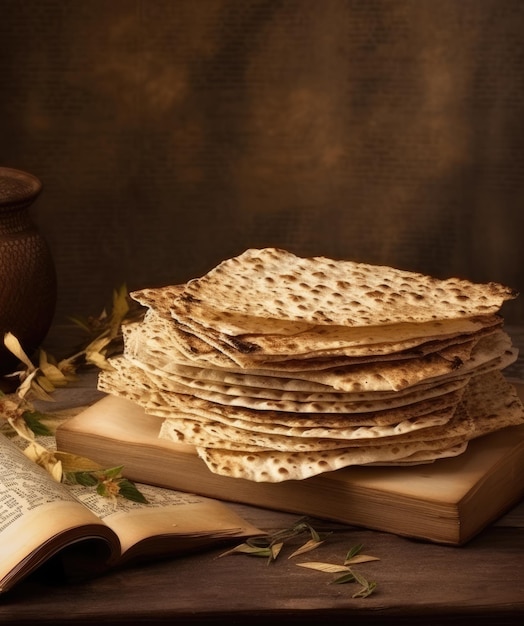 A stack of flatbread next to an open recipe book on a wooden table created with Generative A