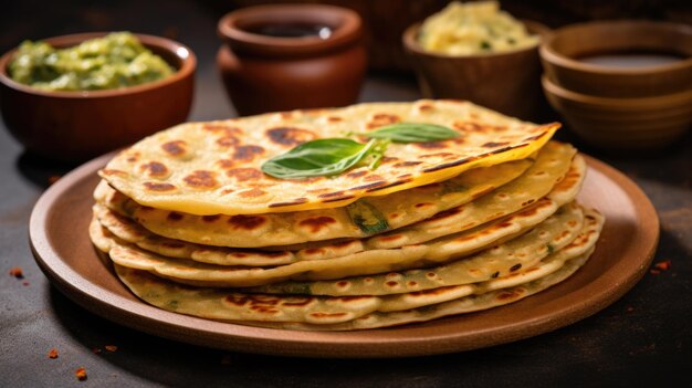 Stack of flatbreads sitting on top of wooden plate