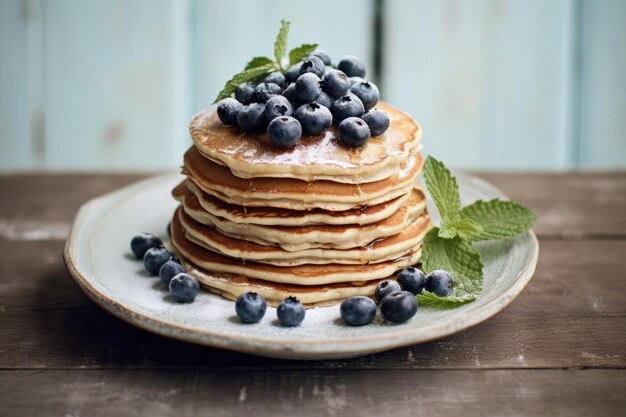 A stack of fluffy blueberry pancakes