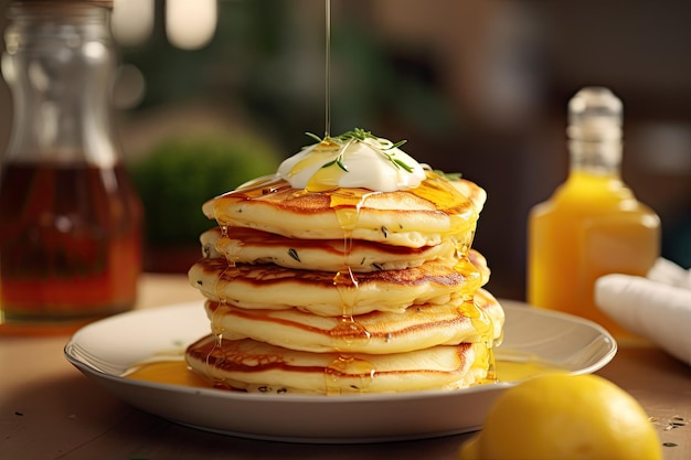 a stack of fluffy lemon ricotta pancakes with a drizzle of honey and lemon zest