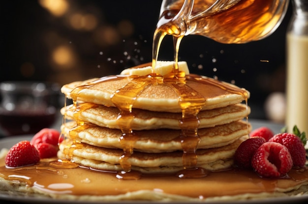 A stack of fluffy pancakes being drizzled with maple syrup