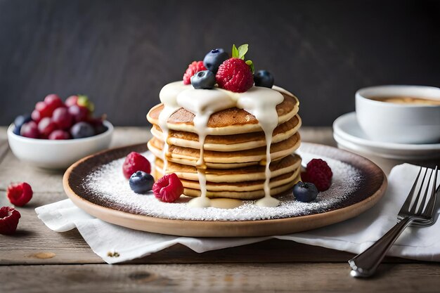 Photo a stack of fluffy pancakes on a plate with fresh blueberries and strawberries generative ai