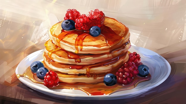 stack of fluffy pancakes topped with syrup and fresh berries enticing viewers with breakfast delights