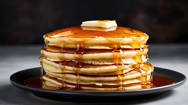 Stack of fluffy pancakes with maple syrup on a clean surface