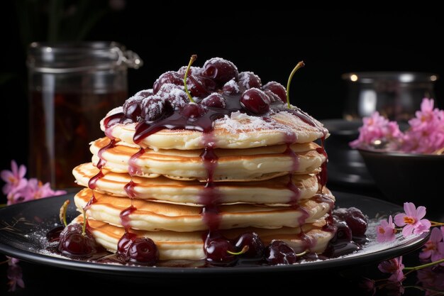 Stack of fluffy pancakes with strawberry jam and steaming coffee on rustic wooden table