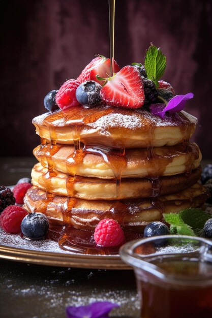 Stack of fluffy pancakes with syrup and berries created with generative ai