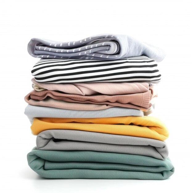 Stack of fold clothes on white table with blur laundry room background