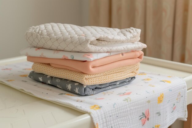 Stack of folded baby garments on a changing table