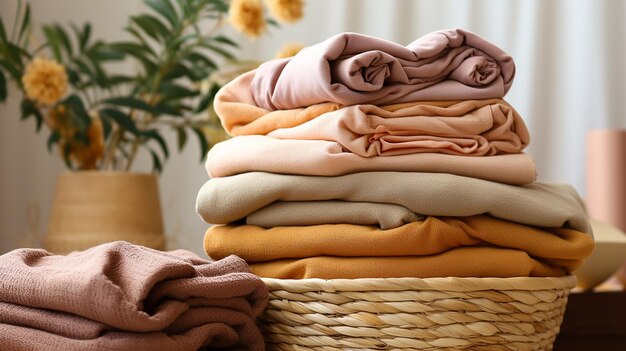 Stack of Folded Clean Bed Sheets Laundry in a Light Room